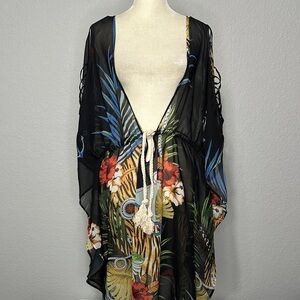 Black Tropical Floral Sheer Beach Cover-Up XL